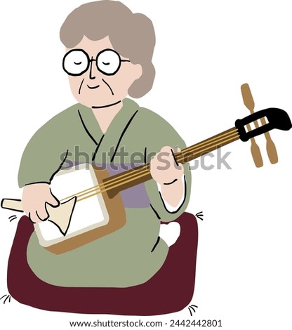 An old woman wearing kimono and playing the shamisen