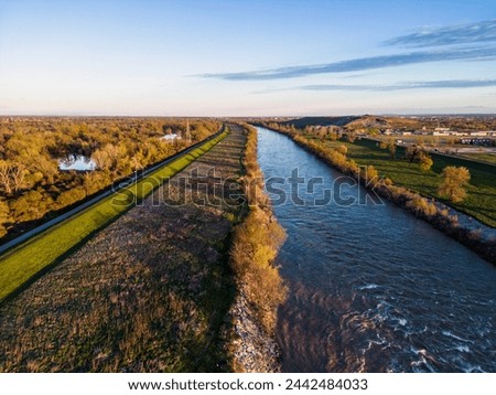 Beautiful landscape of Sava river embankment on the eastern part of Zagreb city, Croatia, photographed with drone at sunset Royalty-Free Stock Photo #2442484033