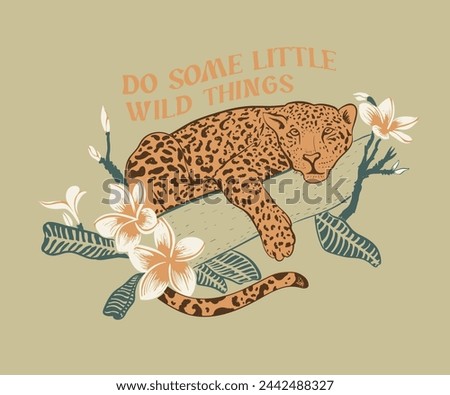 Vector illustration of tiger with tropical leaves, leopard on tree brunch vector art, wild tropical summer artwork, tiger art for t shirt, sticker, graphic print