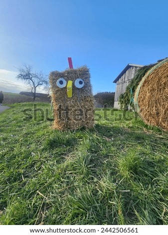 easter, hay, hay bales, chicken, spring, valley, sky, nature, livestock, isolated, illustration, happy, green, grass, funny, farm, cute, cartoon, blue, background, animals, animal