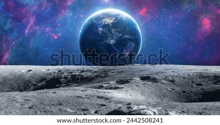 Moon surface and Earth planet. Stars and galaxies in deep space. Earth hour at night. Elements of this image furnished by NASA