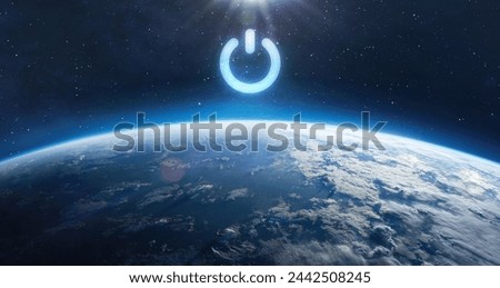 Earth globe with power switch sign. Earth Hour concept. Earth planet on starry background. Electric power and environment. Elements of this image furnished by NASA