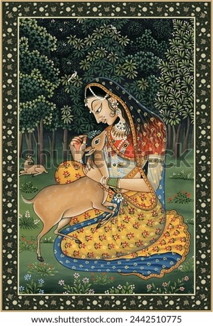 Ragini Saveri Miniature Painting.Mughal wall Paintings, Mughal pichwai art Miniature Paintings. Royalty-Free Stock Photo #2442510775