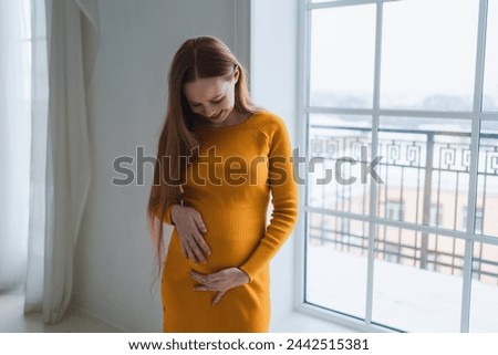 Pregnancy motherhood people expectation future. Pregnant woman with big belly standing near window at home. Girl hugging her tummy enjoying pregnancy. Maternity tenderness parenthood new life concept Royalty-Free Stock Photo #2442515381