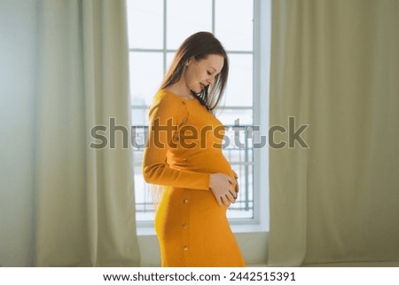 Pregnancy motherhood people expectation future. Pregnant woman with big belly standing near window at home. Girl hugging her tummy enjoying pregnancy. Maternity tenderness parenthood new life concept Royalty-Free Stock Photo #2442515391