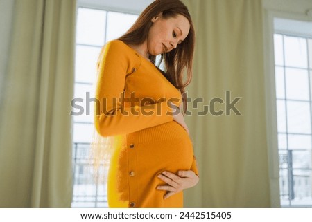 Pregnancy motherhood people expectation future. Pregnant woman with big belly standing near window at home. Girl hugging her tummy enjoying pregnancy. Maternity tenderness parenthood new life concept Royalty-Free Stock Photo #2442515405