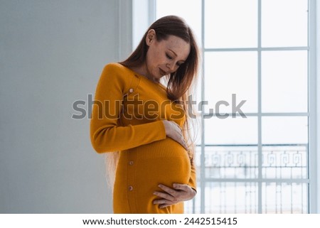 Pregnancy motherhood people expectation future. Pregnant woman with big belly standing near window at home. Girl hugging her tummy enjoying pregnancy. Maternity tenderness parenthood new life concept Royalty-Free Stock Photo #2442515415