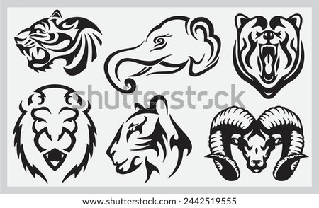Tribal animals vector illustrations set, great for vehicle graphics, stickers and T-shirt designs. Cartoon mascots, ready for vinyl cutting. Tiger, elephant, grizzly bear, lion, cougar, wild ram.
