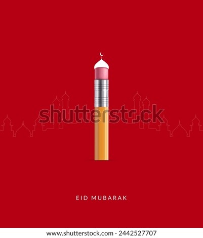 Eid Mubarak creative concept. Shavings Pencil and mosque, Background for education or Pencil shop for Ramadan and Eid celebration poster, Eid Mubarak creative design for social media post. Royalty-Free Stock Photo #2442527707