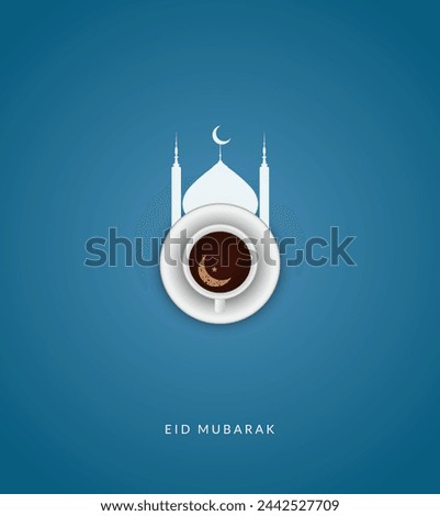 Eid Mubarak creative concept. Coffee cup and mosque with Eid moon, Background for Restaurant or Coffee shop for Ramadan and Eid celebration poster, Eid Mubarak creative design for social media post. Royalty-Free Stock Photo #2442527709
