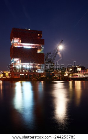 Night view over the MAS museum in Antwerp, Belgium Royalty-Free Stock Photo #244253785