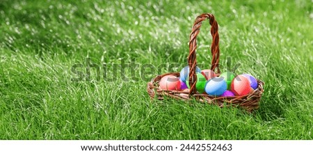 A collection of pictures of a child sitting on a meadow decorated with white flowers. The child is busy collecting colored eggs in a basket.
