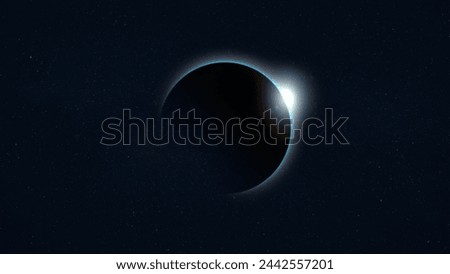 Solar eclipse. Moon passing between the Earth and the Sun with the starry sky in the background. Graphic art.