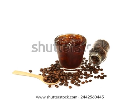Americano ice coffee and coffee beans put on white background,isolate picture style.