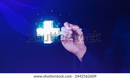 Businessman holding plus icon for health care medical, icon virtual medical health care with medical network connection, People health care awareness rising growth of medical health life insurance 