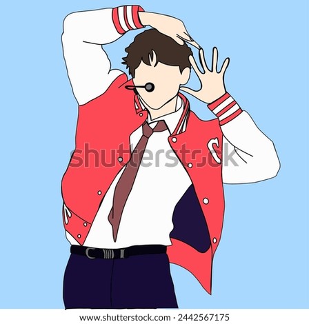 Illustration vector of Kpop fashion stage. idols of Koreans performing. K-pop male fashion idol. singer who is singing wearing beautiful clothes Royalty-Free Stock Photo #2442567175