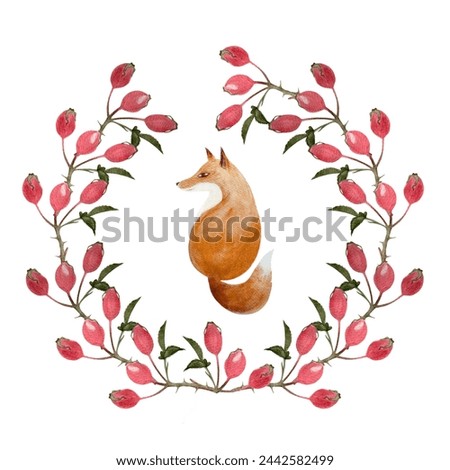 Fox in a rose-hip frame watercolor flat illustration isolated on white