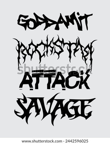 Custom types savage, attact, rocktar, acid brutalism hardcore clip art poster t shirt design sticker collection editable