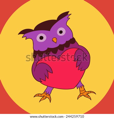 Purple owl with a heart valentine's day card