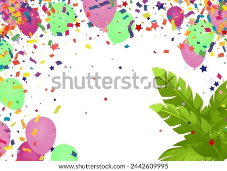 Party background with colorful balloons, confetti and palm leaves. Vector illustration.
