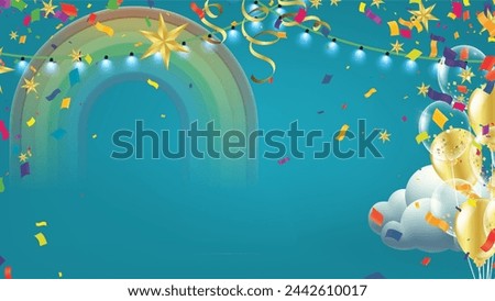 Celebration background with balloons, confetti and rainbow. Vector illustration.