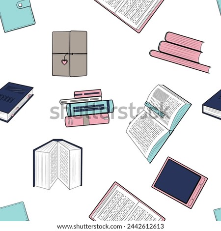 Seamless pattern with various books from library, vintage sketch vector illustration isolated. Literature background print for school, college, university. Different open, closed books, stack.