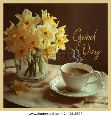 Coffe with flower pot texted good morning