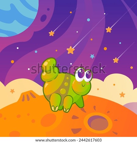 Cute green alien that looks like a caterpillar among planets and stars. Space landscape. Childrens cartoon illustration in vintage style. Space flights, the future. For posters, banners, design