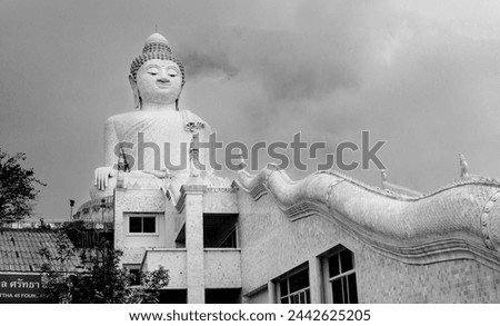 Black and white Fine art travel photography of Big Buddha Statue with body of dragon guard leading you up. This statue is located in Phuket, Thailand.