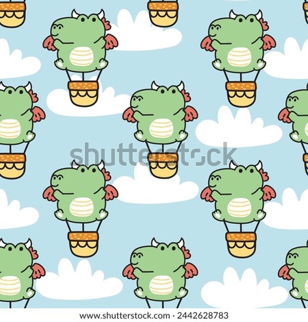 Seamless pattern of cute chubby dragon balloon with cloud on sky background.Chinese animal character cartoon design.Image for card,poster,baby clothing.Dinosaur.Kawaii.Vector.Illustration.