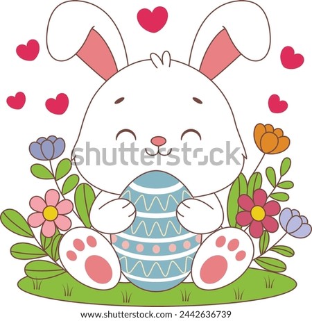 Cute kawaii bunny is hugging a decorated Easter egg cartoon character on flower background vector illustration for kids