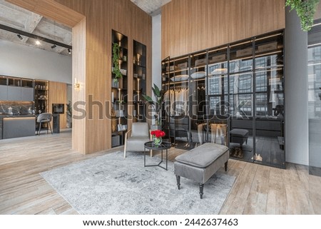 huge modern spacious apartment with high ceilings, panoramic windows with fantastic view, wooden decor, kitchen area, separate shower in greenery and dressing room Royalty-Free Stock Photo #2442637463