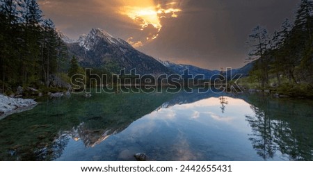 Beautiful autumn scene of Hintersee lake. Colorful morning view of Bavarian Alps on the Austrian border, Germany, Europe. Beauty of nature concept background.