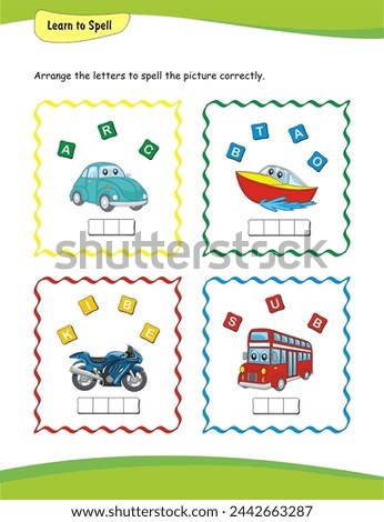 Learn to Spell worksheet. Children can strengthen their language abilities by arranging letters to correctly spell out corresponding images. An interactive and fun exercise. Royalty-Free Stock Photo #2442663287
