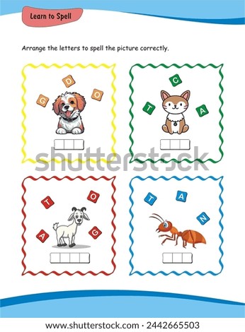 Learn to Spell worksheet. Children can strengthen their language abilities by arranging letters to correctly spell out corresponding images. An interactive and fun exercise. Royalty-Free Stock Photo #2442665503