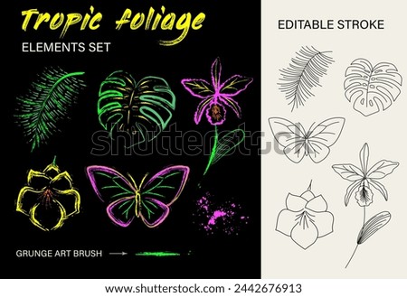 Set, clip art of nature objects. Tropic foliage, flowers, butterfly. Paint brush strokes, splattered paint. Glowing neon fluorescent colors. Design elements with editable stroke