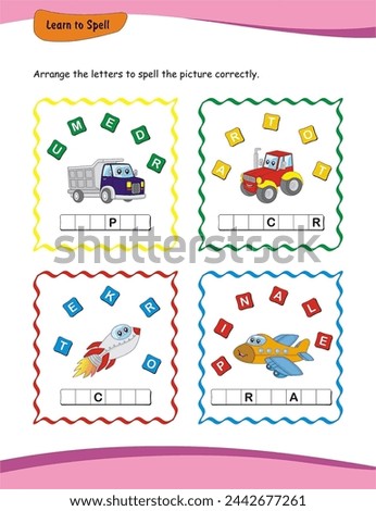 Learn to Spell worksheet. Children can strengthen their language abilities by arranging letters to correctly spell out corresponding images. An interactive and fun exercise. Transport Royalty-Free Stock Photo #2442677261