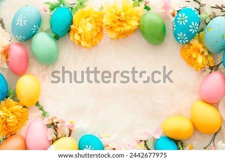 Easter poster and banner template with Easter eggs as frame on cream background. Greetings and presents for Easter Day in flat lay styling. Promotion and shopping template for Easter