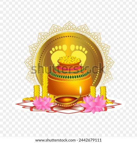 Gold coins in pot with flowers and diya on mandala vector with transparent background
