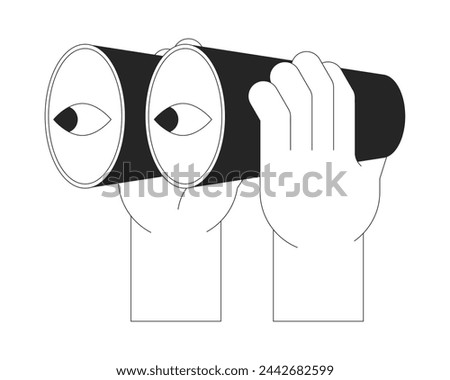 Holding powerful binoculars cartoon human hands outline illustration. Optical device outline 2D isolated black and white vector image. Tourist supplies flat monochromatic drawing clip art