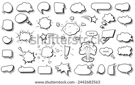 A set of speech bubbles. Halftone shadows. Vector illustration of a doodle icon in the form of a comic speech bubble, a text message. Vector sketch illustration