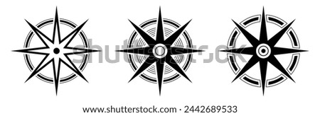 Compass icon set. Map symbols. Black vector compass icons illustration isolated on white background. Vector icons collection. Flat design style.