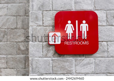 restroom signs with female and male symbol and arrow direction signs