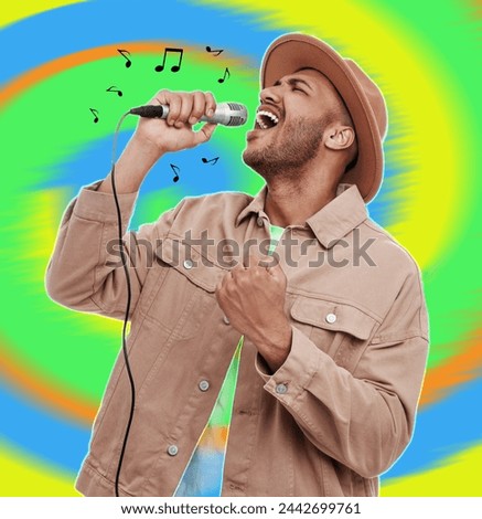 Singer's performance poster. Man with microphone on bright background