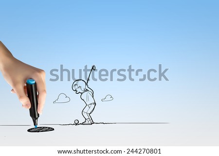 Funny caricature of golf player hitting ball