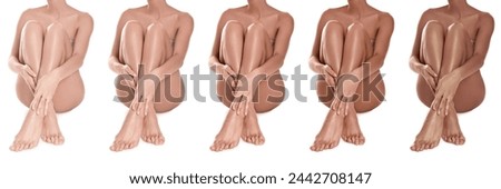 Woman with beautiful legs on white background, closeup. Collage of photos showing stages of suntanning Royalty-Free Stock Photo #2442708147