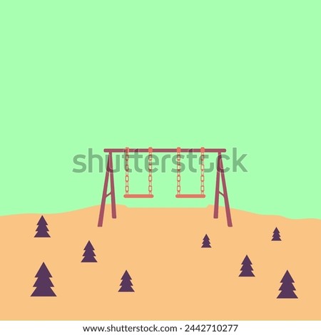 simple romantic empty double or two swing. place for couple in park vector illustration. Loneliness in simple playground flat design isolated. childhood memories icon. relax on green blue background.