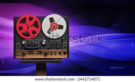 Reel to reel tape player rolling. A retro music template, with modern graphics background, and copy space for titles
