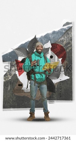 Young smiling man with backpacks, binoculars and map standing on mountains, going hiking. Contemporary art collage. Concept of tourism, active lifestyle, travelling, vacation, hobby