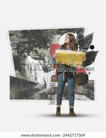 Young concentrated woman with thoughtful face standing with backpack and map against abstract waterfall background. Contemporary art collage. Concept of tourism, active lifestyle, travelling, vacation